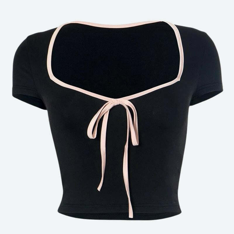 Soft Girl Bow Sweetheart Neckline Top - Y2K Aesthetic Clothing