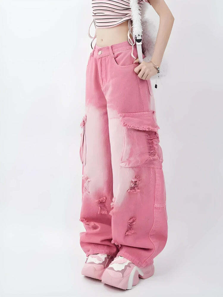 Soft Girl Distressed Cargo Jeans - Y2K Aesthetic Clothing for Trendy Looks