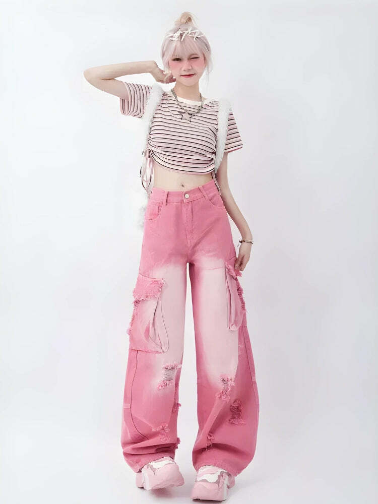 Soft Girl Distressed Cargo Jeans - Y2K Aesthetic Clothing for Trendy Looks