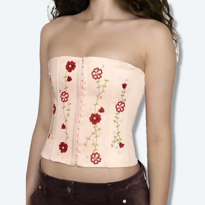 Soft Girl Embroidered Beaded Corset Top - Y2K Aesthetic Clothing