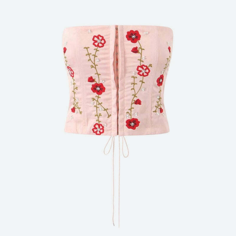 Soft Girl Embroidered Beaded Corset Top - Y2K Aesthetic Clothing