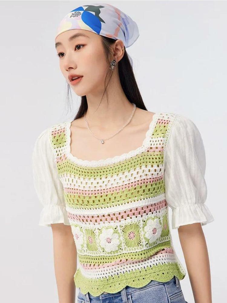 Soft Girl Floral Hollow Out Knitted Top - Y2K Aesthetic Clothing