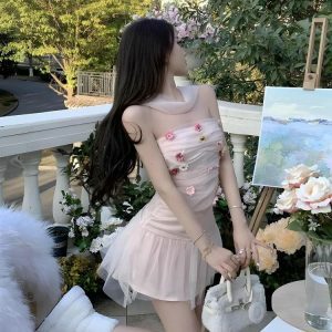 Soft Girl Flower Tube Top & Tulle Mini Skirt Set | Y2K Aesthetic Outfit