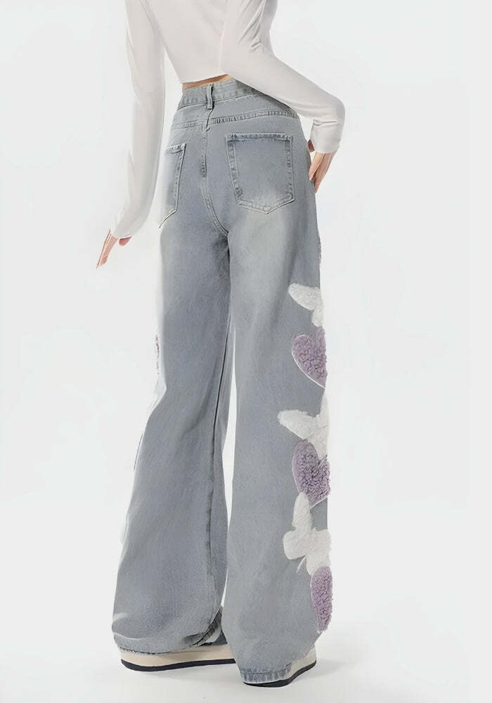 Soft Girl Fluffy Heart Butterfly Jeans - Y2K Aesthetic Outfit Essential