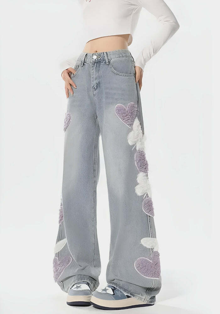 Soft Girl Fluffy Heart Butterfly Jeans - Y2K Aesthetic Outfit Essential