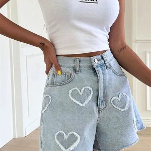 Soft Girl Heart Patch Denim Shorts - Y2K Aesthetic Coquette Style