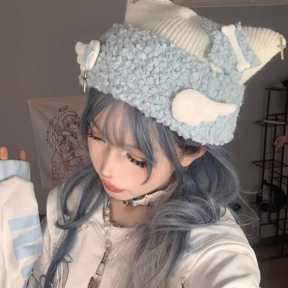 Soft Girl Kawaii Knitted Beanie with Wings - Y2K Aesthetic Accessory