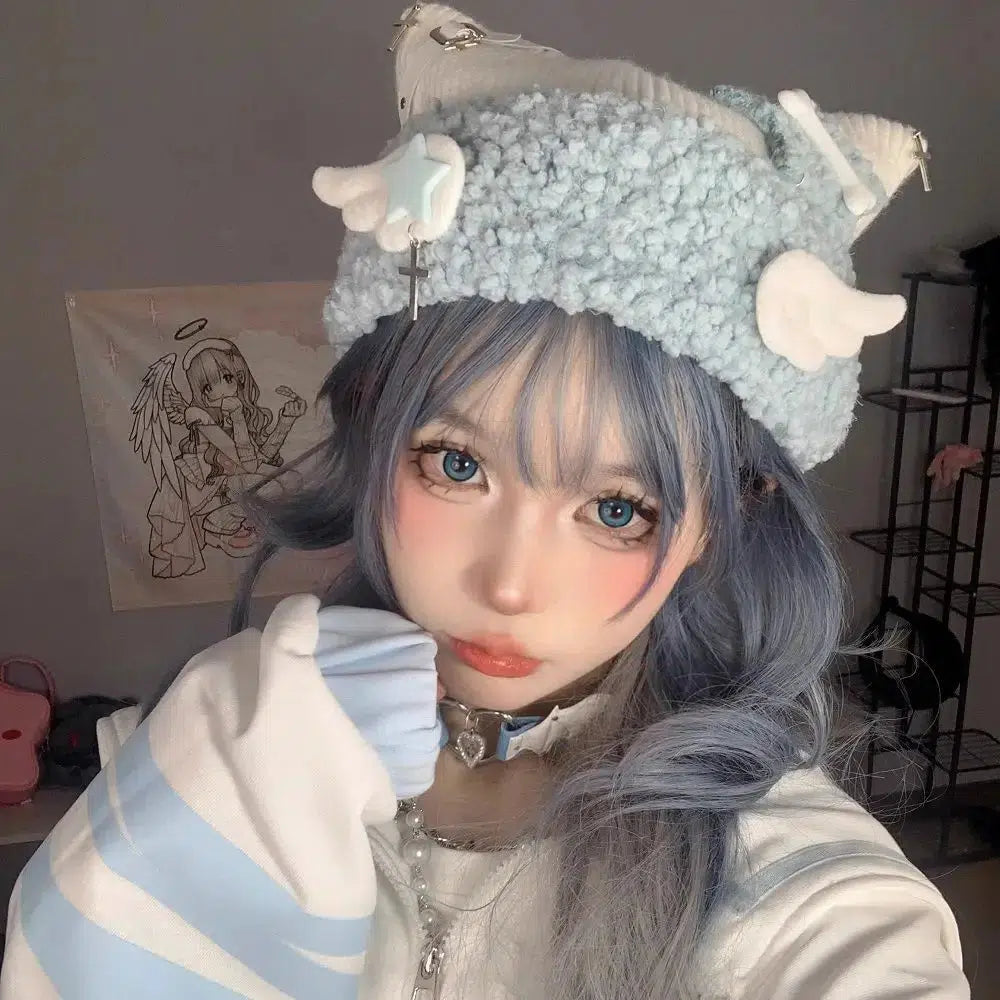 Soft Girl Kawaii Knitted Beanie with Wings - Y2K Aesthetic Accessory