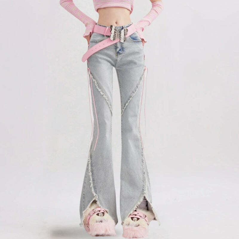 Soft Girl Lace-Up Slit Flare Jeans - Y2K Aesthetic Clothing