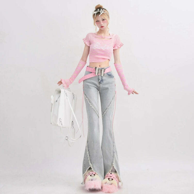 Soft Girl Lace-Up Slit Flare Jeans - Y2K Aesthetic Clothing