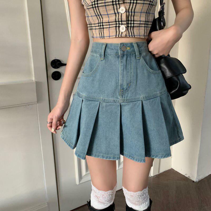 Soft Girl Pleated Denim Mini Skirt - Y2K Aesthetic Clothing Essential