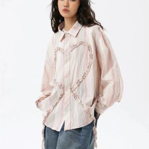 Soft Girl Ruffled Heart Shirt - Y2K Aesthetic Coquette Clothing