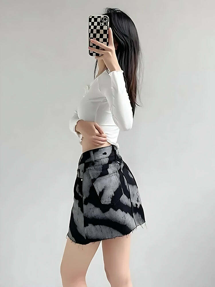 Spray Paint Distressed Mini Skirt - Y2K Aesthetic Coquette Style