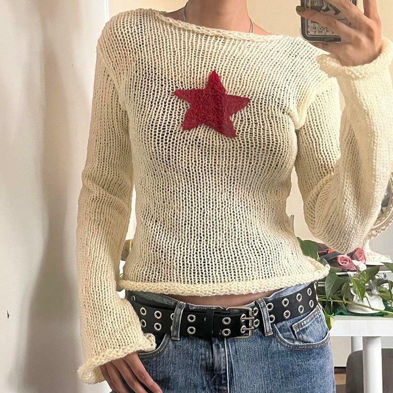 Star Embroidery Knitted Top - Y2K Aesthetic Coquette Style Apparel