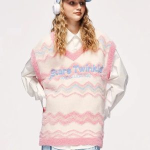 Stars Twinkle Y2K Fluffy Sweater Vest - Coquette Aesthetic Apparel