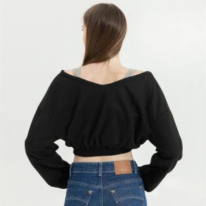 Strap Detailed Wide Neck Crop Sweatshirt - Y2K Coquette Aesthetic Top