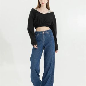 Strap Detailed Wide Neck Crop Sweatshirt - Y2K Coquette Aesthetic Top