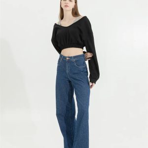 Strap Detailed Wide Neck Crop Sweatshirt - Y2K Coquette Aesthetic Top