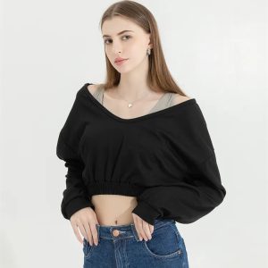 Strap Detailed Wide Neck Crop Sweatshirt - Y2K Coquette Aesthetic Top