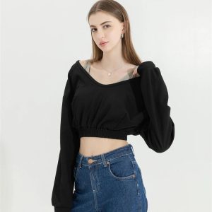 Strap Detailed Wide Neck Crop Sweatshirt - Y2K Coquette Aesthetic Top