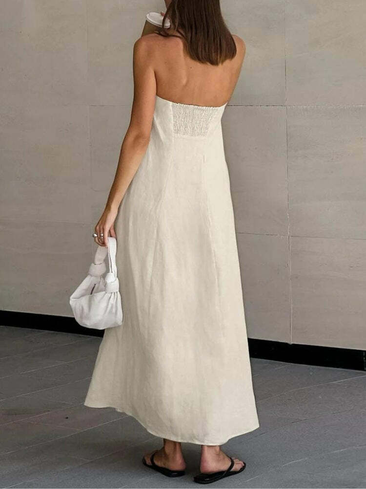 Strapless Linen Midi Dress - Y2K Aesthetic Coquette Style Outfit