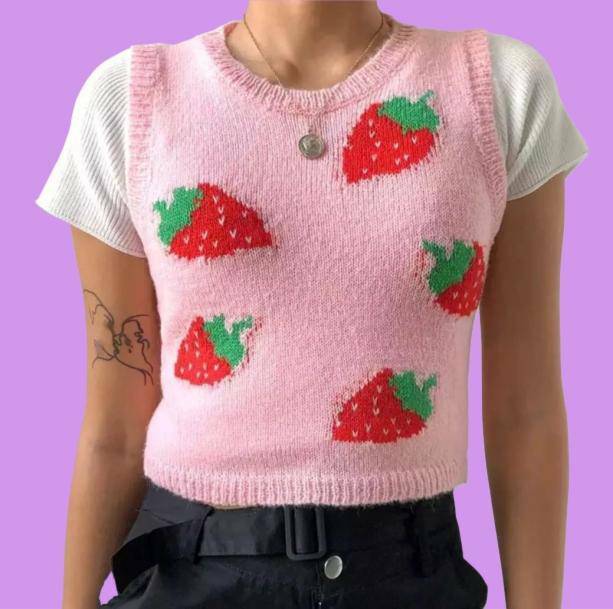 Strawberry Sleeveless Sweater - Y2K Aesthetic Coquette Style Top