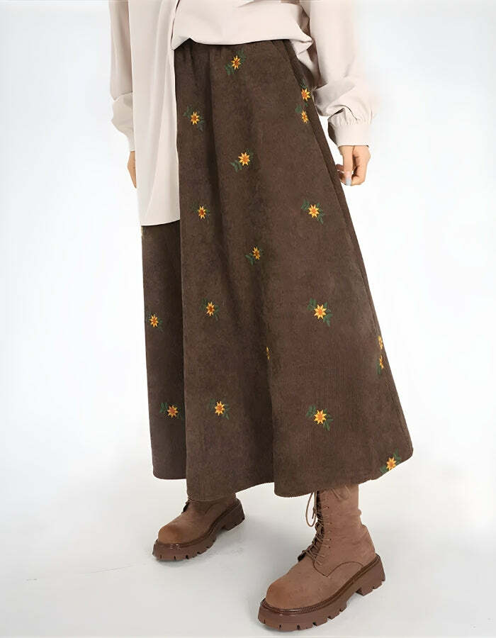 Sunflower Embroidered Corduroy Maxi Skirt - Y2K Coquette Aesthetic Fashion