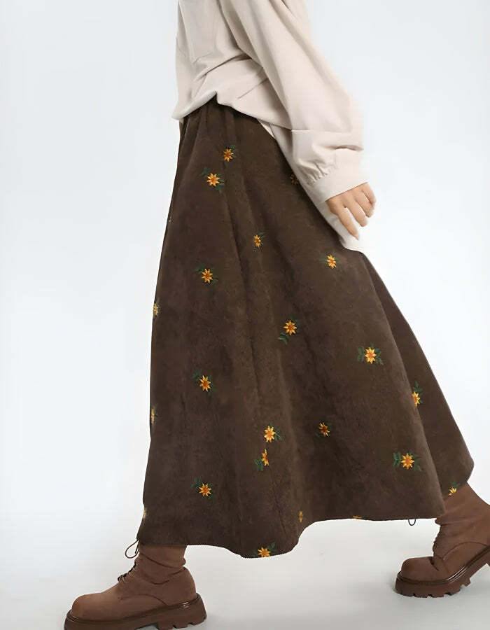 Sunflower Embroidered Corduroy Maxi Skirt - Y2K Coquette Aesthetic Fashion