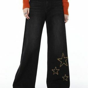 Tinsel Stars Y2K Wide Leg Jeans - Trendy Coquette Aesthetic Style