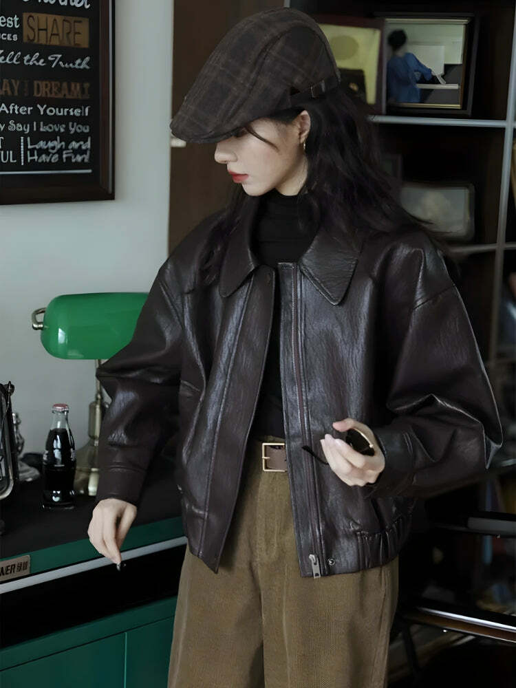 Trendy Brown Faux Leather Jacket - Y2K Aesthetic & Coquette Style