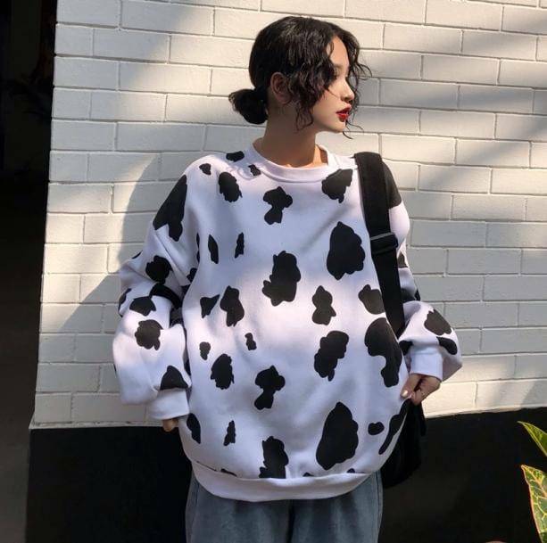 Trendy Cow Print Loose Sweatshirt - Y2K Aesthetic Clothing Essential