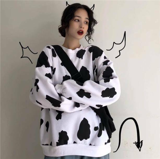 Trendy Cow Print Loose Sweatshirt - Y2K Aesthetic Clothing Essential