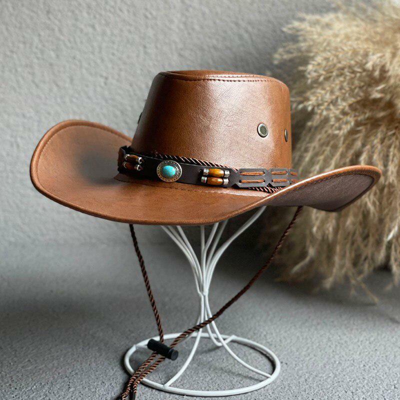 Trendy Cowgirl Faux Leather Western Hat for Y2K Aesthetic Outfits