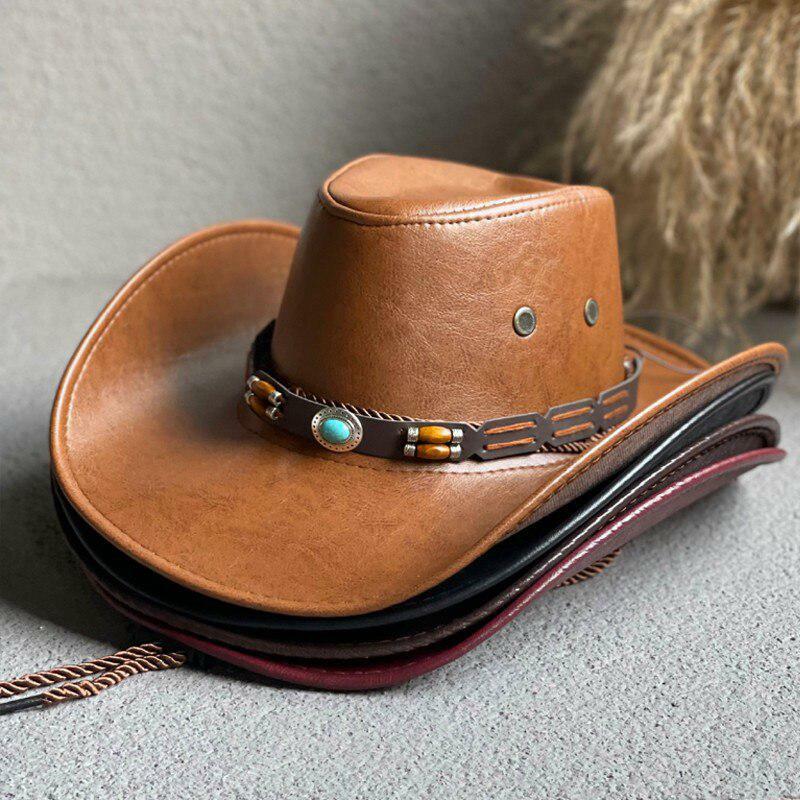 Trendy Cowgirl Faux Leather Western Hat for Y2K Aesthetic Outfits