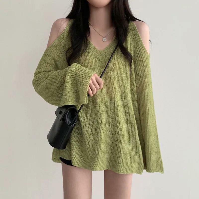 Trendy Cut-Out Shoulder Knit Sweater for Y2K and Aesthetic Styles