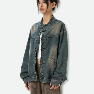 Trendy Distressed Denim Jacket - Y2K Aesthetic & Coquette Style