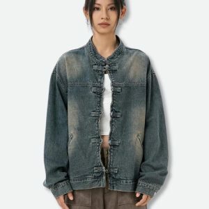 Trendy Distressed Denim Jacket - Y2K Aesthetic & Coquette Style