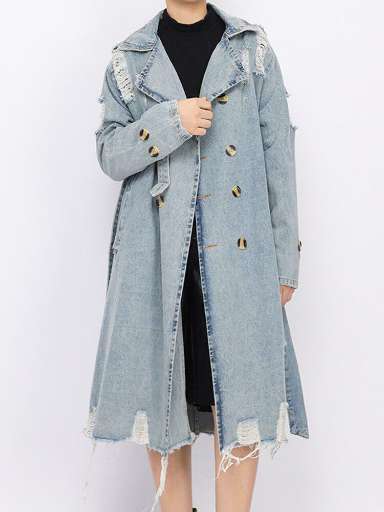 Trendy Distressed Denim Trench Coat for Y2K and Coquette Aesthetics