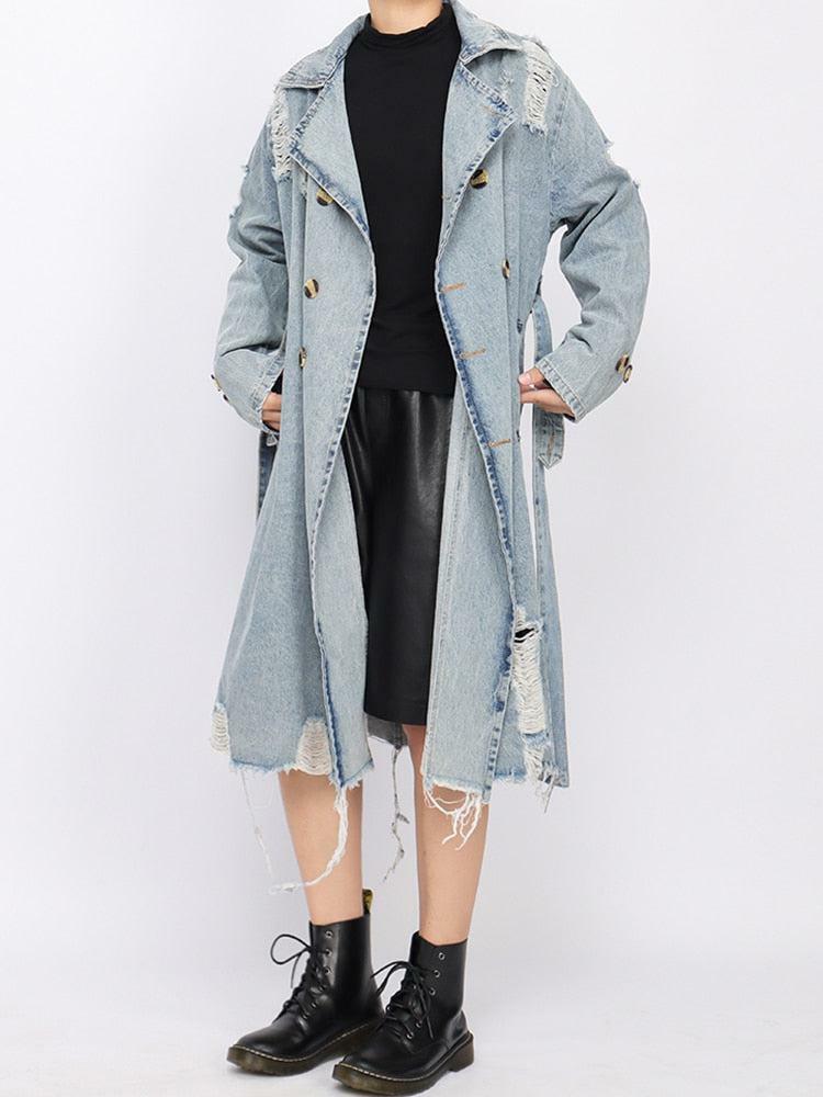 Trendy Distressed Denim Trench Coat for Y2K and Coquette Aesthetics