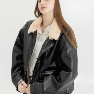 Trendy Double-Faced Faux Leather & Fur Jacket for Y2K Aesthetic Lovers