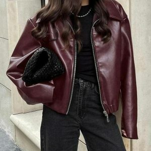 Trendy Faux Leather Burgundy Jacket for Y2K & Coquette Aesthetic Styles