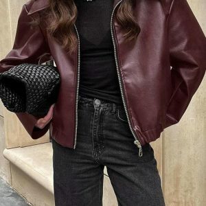 Trendy Faux Leather Burgundy Jacket for Y2K & Coquette Aesthetic Styles