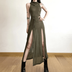 Trendy Hooded Slit Maxi Dress - Y2K Aesthetic & Coquette Style