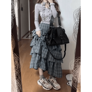 Trendy Long Plaid Y2K Skirt - Aesthetic Coquette Style Clothing