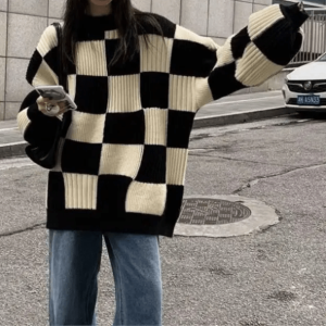 Trendy Oversized Checkered Sweater - Y2K Aesthetic & Coquette Style