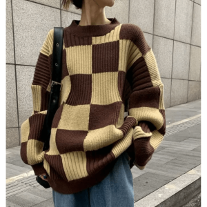 Trendy Oversized Checkered Sweater - Y2K Aesthetic & Coquette Style