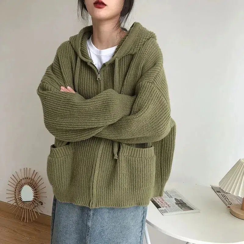 Trendy Oversized Knitted Hooded Cardigan for Y2K & Aesthetic Styles