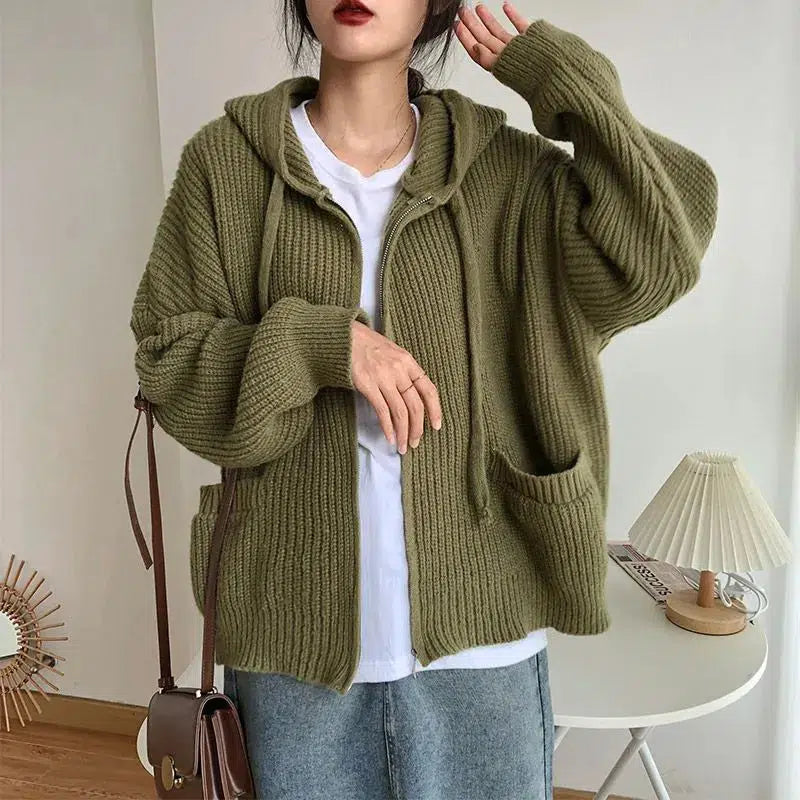 Trendy Oversized Knitted Hooded Cardigan for Y2K & Aesthetic Styles