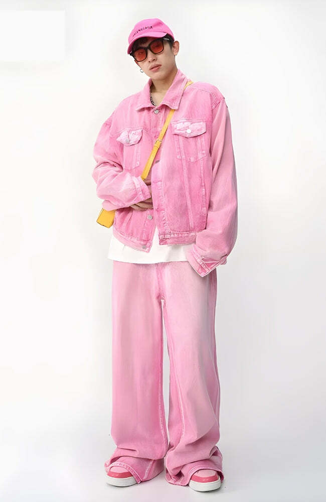 Trendy Pink Denim Jacket & Pants Set - Y2K Aesthetic Outfit