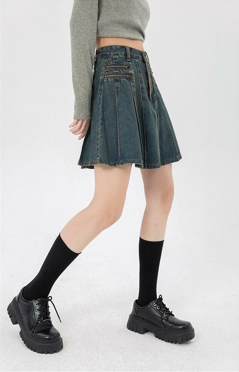 Trendy Pleated Denim Mini Skirt - Y2K Aesthetic & Coquette Style